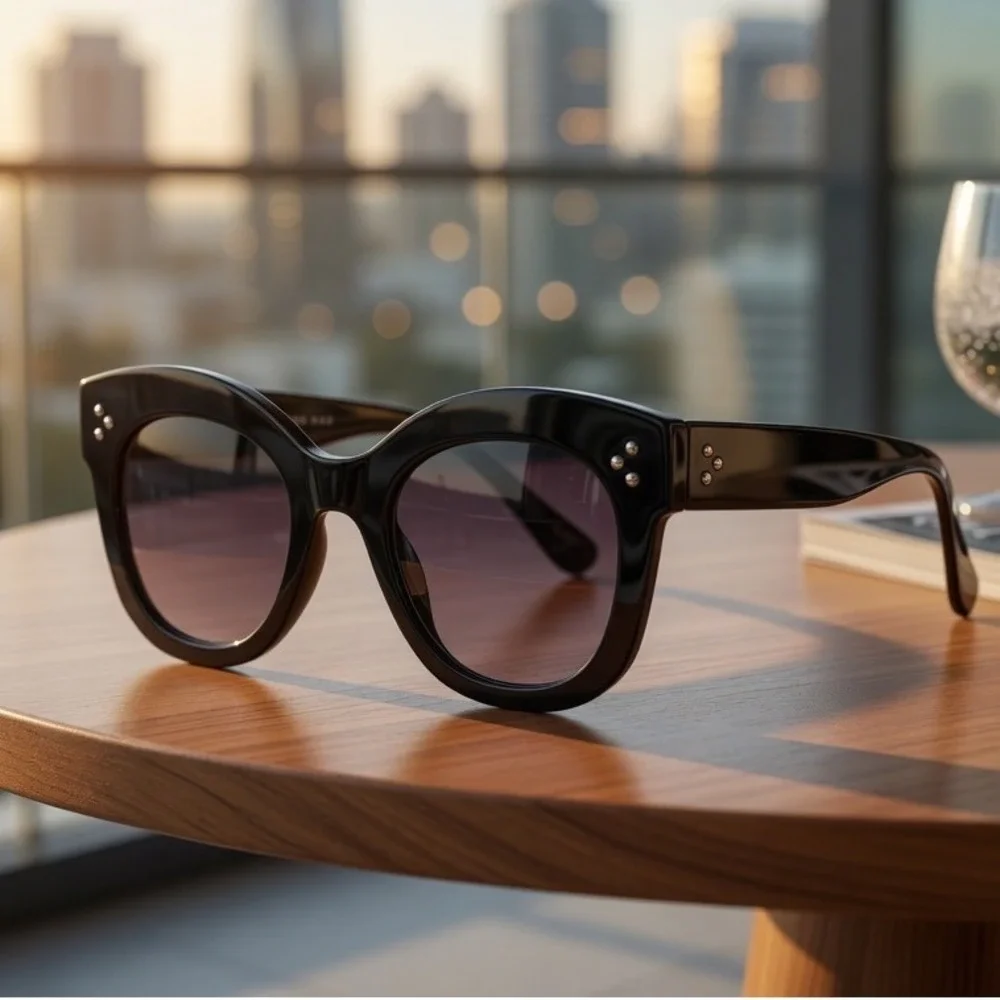 Black Oversized Cat Eye Sunglasses Gradient Smoke Lens‎ Silver Stud Accents NEW